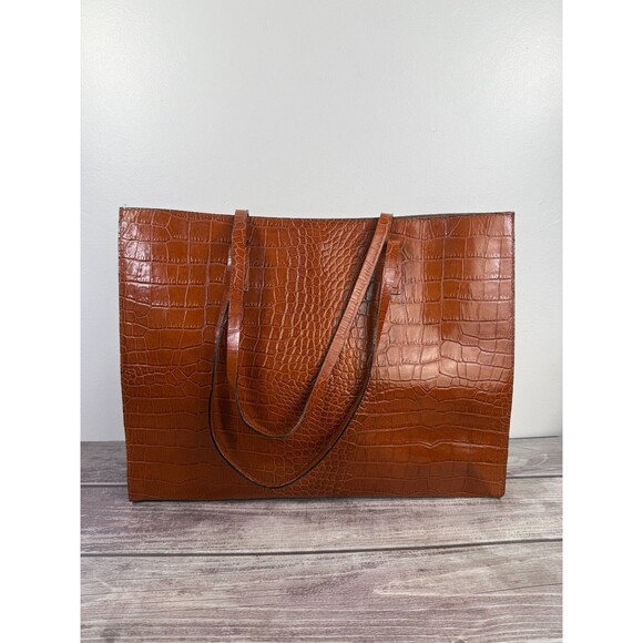 Italian Croc-Embossed Camel Brown Genuine Leather Tote bag Italy, Pristine - Picture 3 of 16
